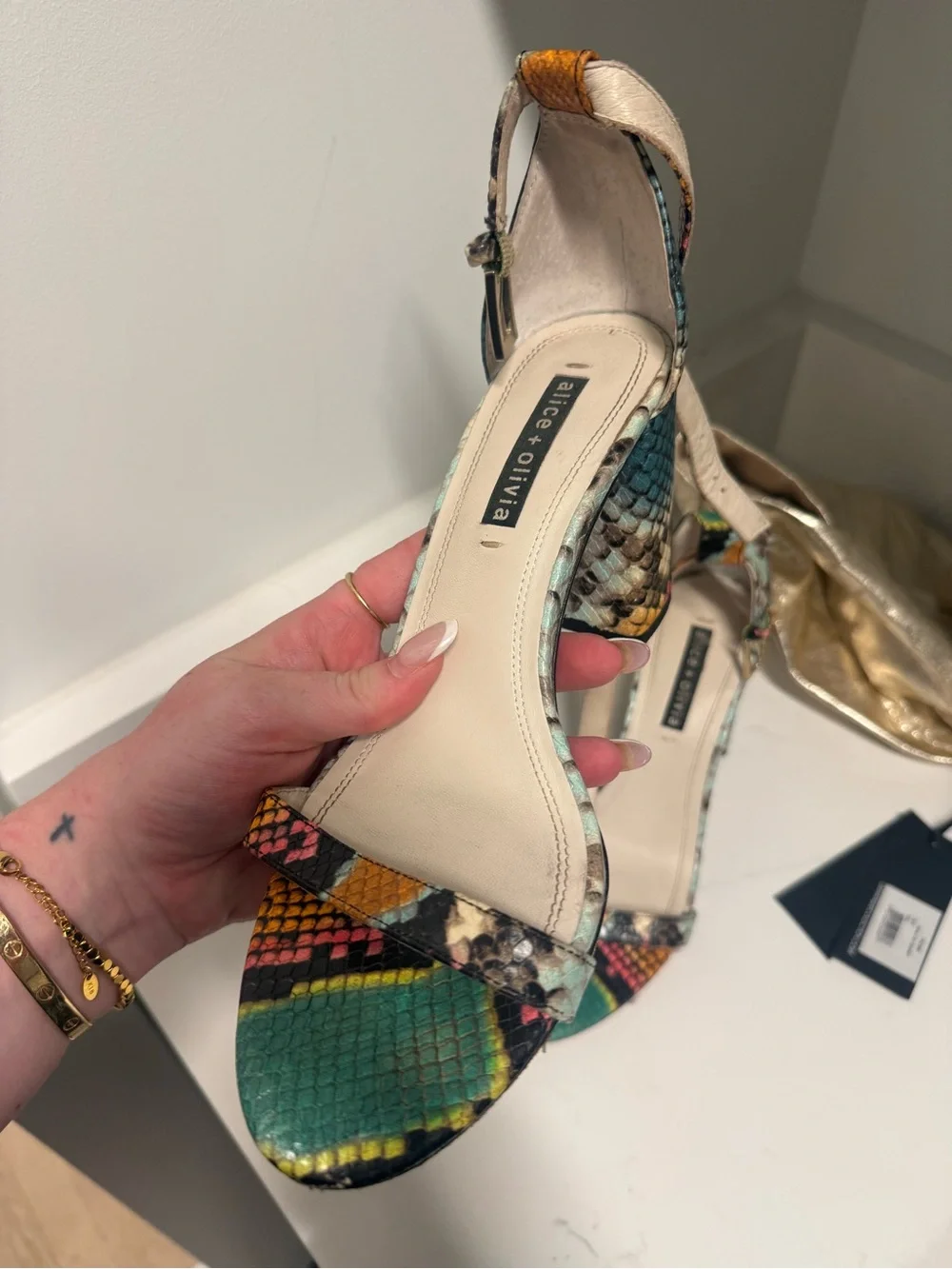 Alice + Olivia Multicolor Snakeskin Ankle-Strap Block Heel Sandals